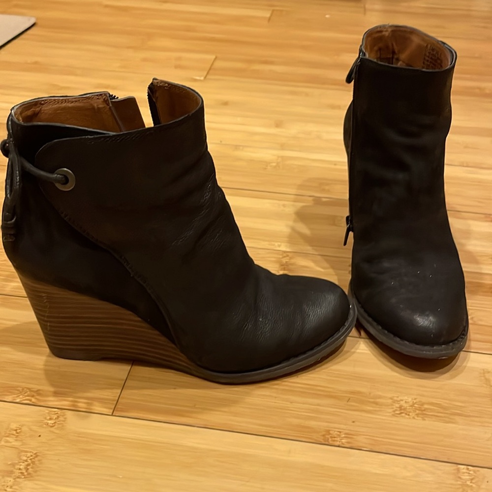 Lucky brand black leather wedge booties size 6.5